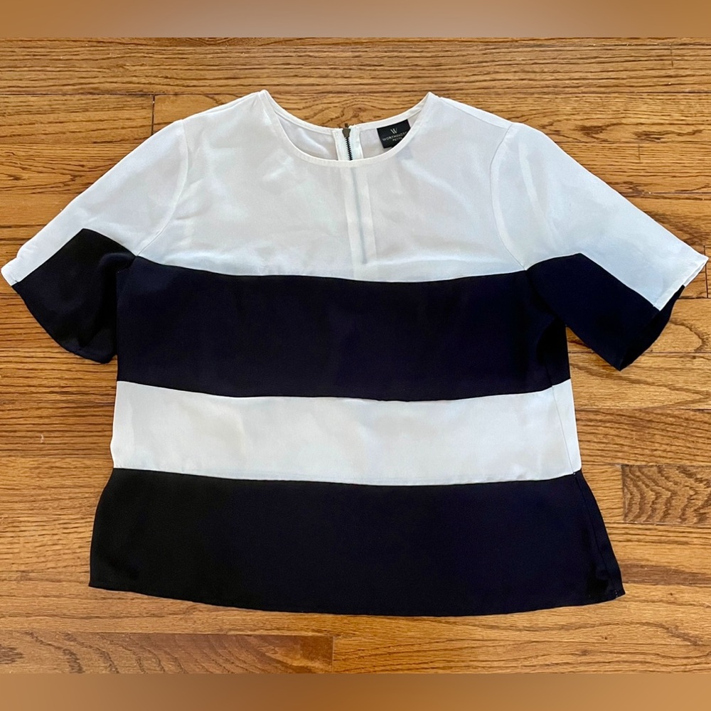 Worthington JCPenney Black and White Stripe Sheer Zip Top Blouse Petite Medium